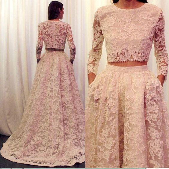 2 Pieces Long Sleeves Lace Wedding Dress With Pocket Vintage Lace