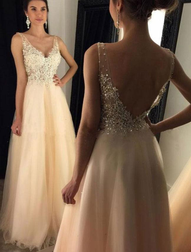 A Line Tulle With Lace Prom Gowns See Through Bodice Evening