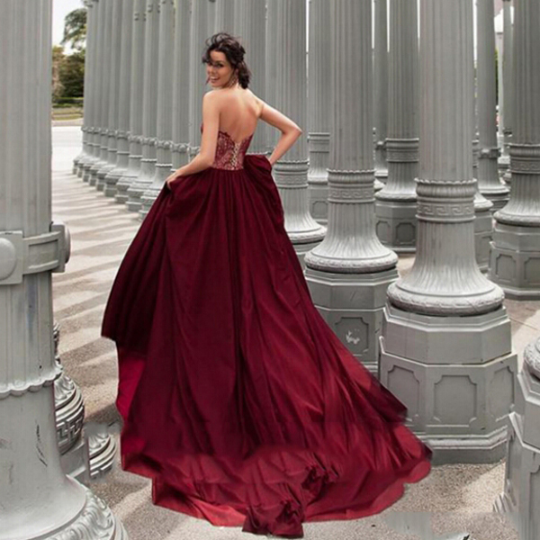 Glamorous A-Line Strapless Burgundy Long Evening Dress With Lace,Lace ...
