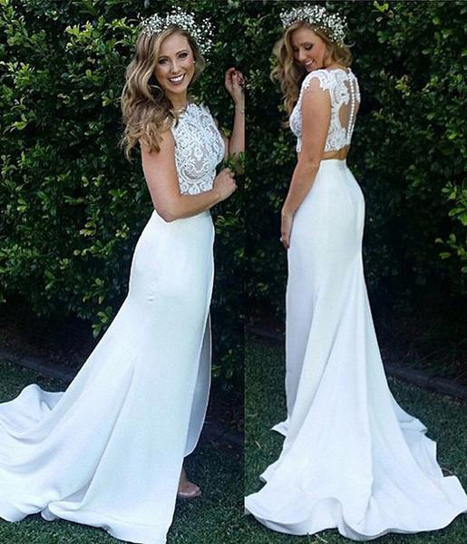 New Arrival High Neck Slit Wedding Dress Two Pieces Wedding Dress