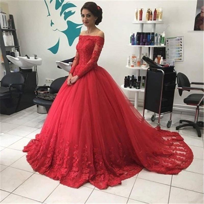 red off shoulder gown