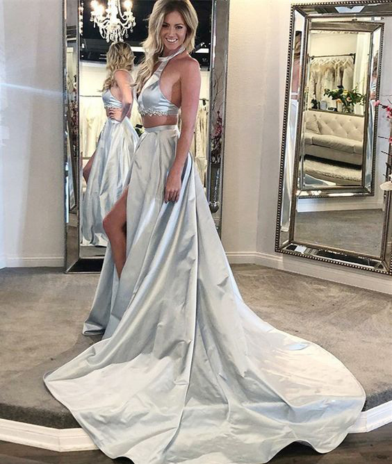 Elegant Two Piece Halter Prom Dresses Backless Light Blue Evening