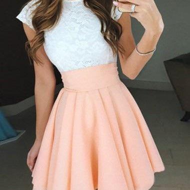 A-Line Jewel Cap Sleeves Pearl Pink Short Chiffon Homecoming Dress With ...