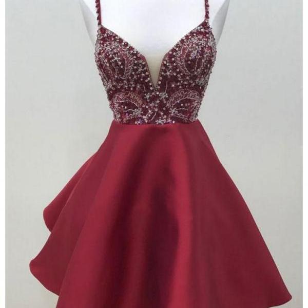 Cute Dark Red Short Prom Dresses,Spaghetti Strap Beaded Satin A Line ...