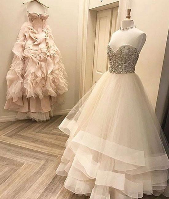 Cute White Wedding Dresses,Tulle Long Prom Dresses,White Formal Dress,V