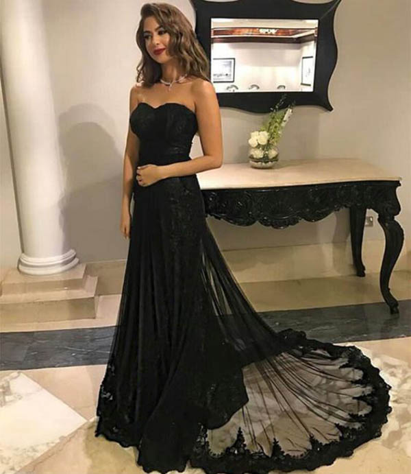 Black Lace Mermaid Strapless Charming Prom Dress With Train,Sweetheart ...
