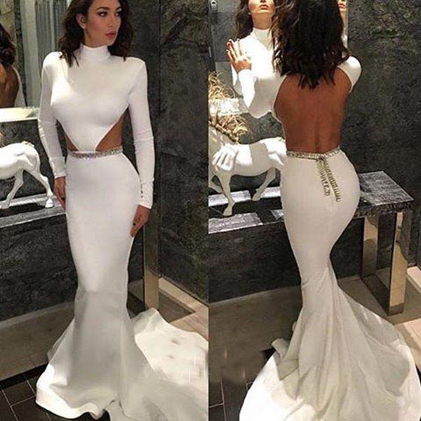 Sexy Open Back Cutout White Long Sleeve Evening Dresses High Neck